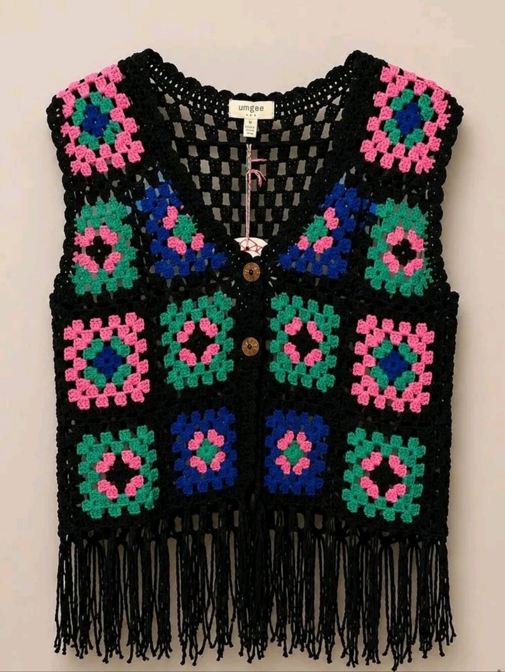 Umgee Black Crochet Vest with Pink, Green & Blue Accents Fringe